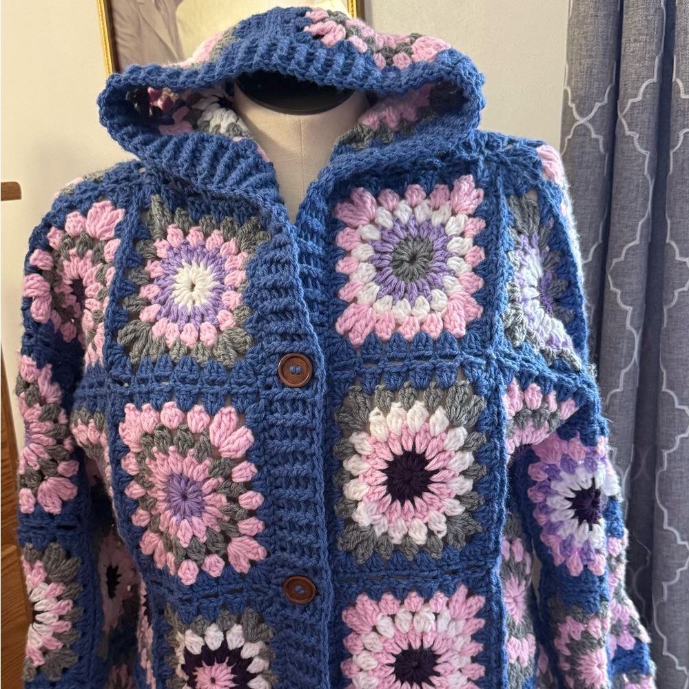 NEW crochet handmade xl granny square women's button cardigan